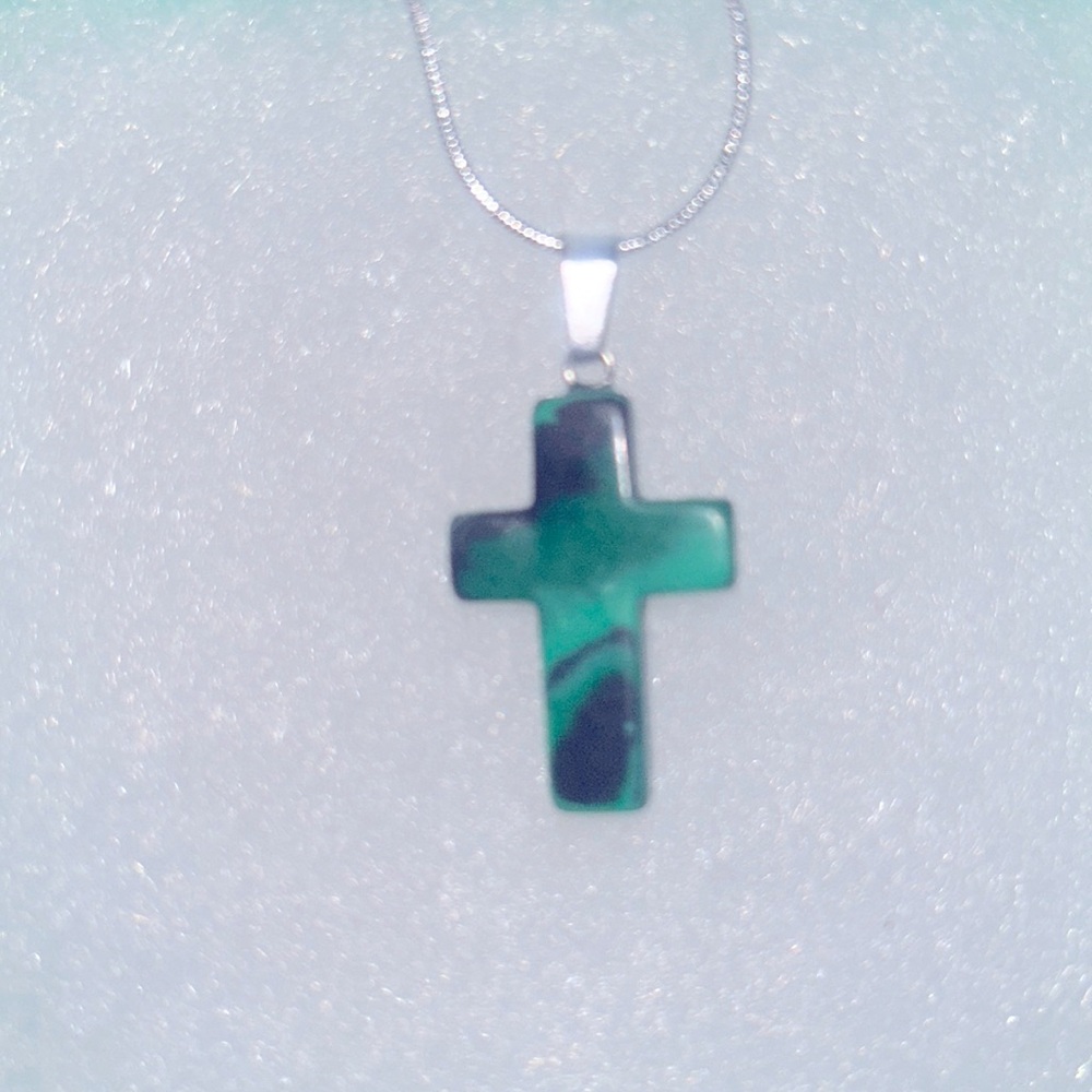 Boho hippie Faux Malachite Cross Sterling Silver 16” Necklace